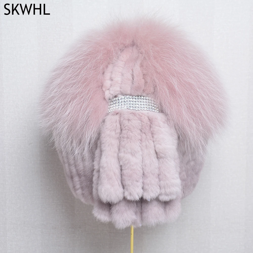 Russian Winter Fur Hat Ladies Style Real Rex Rabbit Fur Hat Knitted Rabbit Fur And Fox Fur Ski Hat Women Warm Winter Beanies Cap