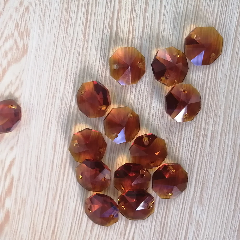 Camal 20pcs Amber 14mm Crystal Octagonal Loose Bead Two Holes Prisms Chandelier Lamp Parts Wedding Centerpiece