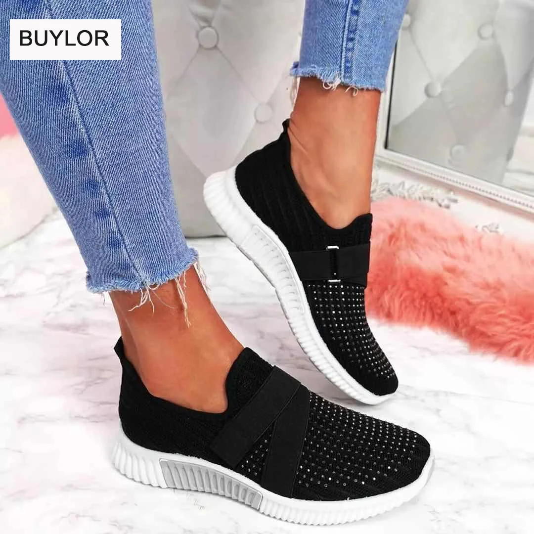 Modne buty damskie płaskie miękkie dno Mesh oddychające codzienne tenisówki Rhinestone pojedyncze buty duże rozmiary damskie obuwie sportowe