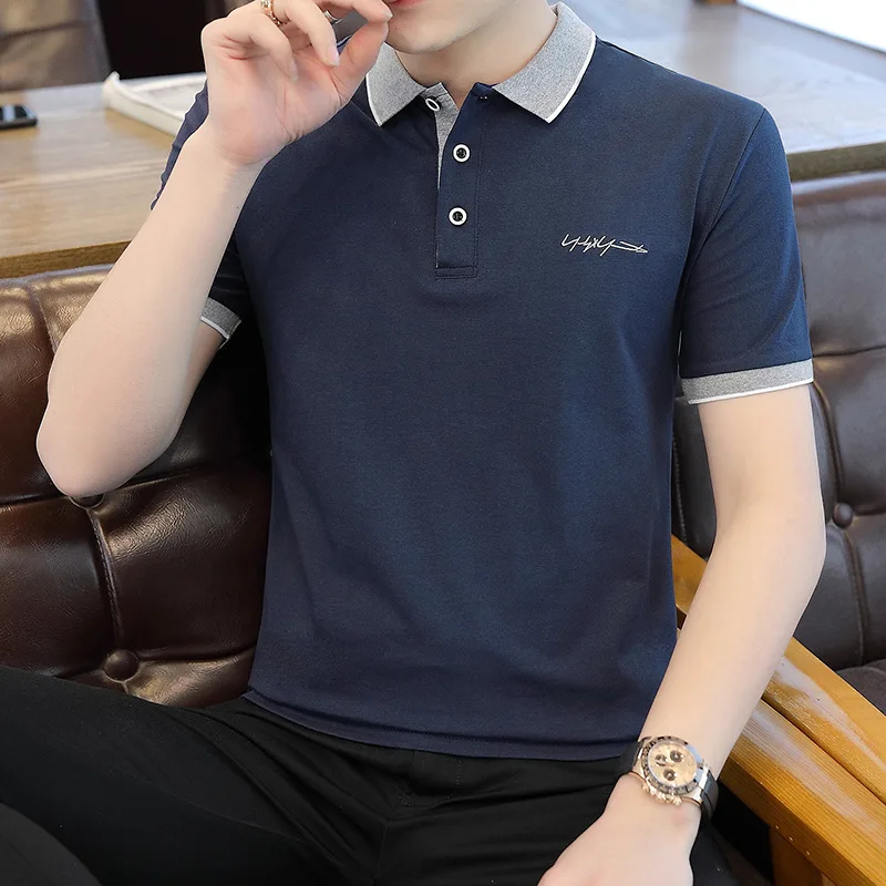 T-Shirt Men's Streetwear Casual English Alphabet Lce Silk Loose Short Sleeve Lapel Polo Shirt Simplicity Small Fresh Cotton Summ