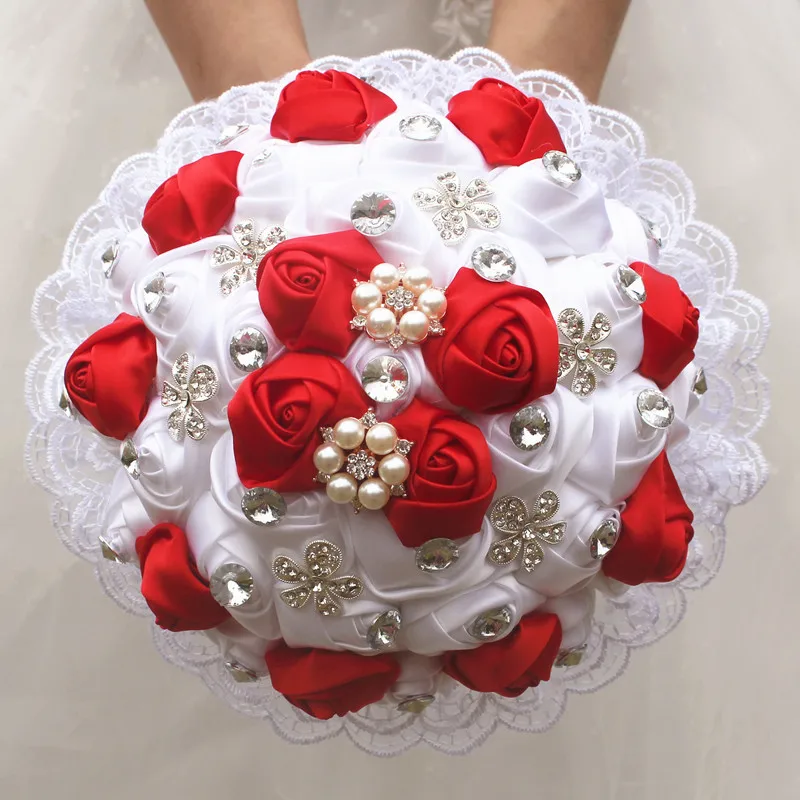 

Red White Lace Wedding Bouquets Bridesmaid Holding Flower Artificial Wedding Accessories Crystal Quinceanera Bouquet W2281