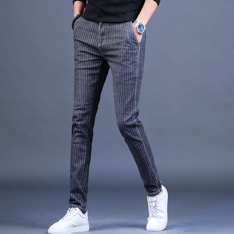 Autumn New Men's Fashion Striped Jeans Stretch Slim Fit Pencil Pants Korean Style Dark Gray Denim Trousers