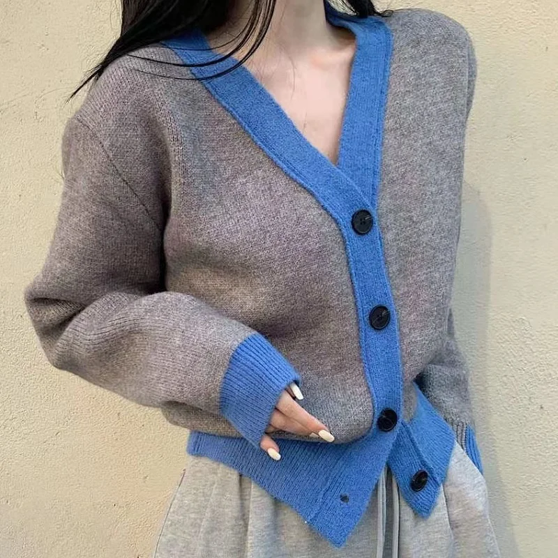 

Woman's Sweater Lady Knit V-Neck Cardigan Soft Patchwork Loose Fitting Ins Elegant High StreetWear Spliced Office Lady Business