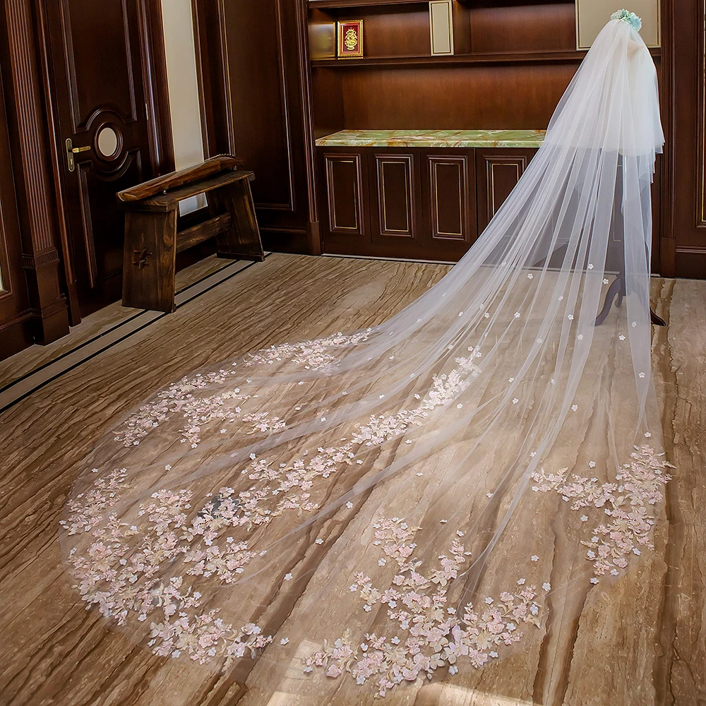 Velo da sposa in pizzo bianco avorio a due strati con fiori rosa veli lunghi da sposa cattedrale con pettine in metallo accessori da sposa sposa