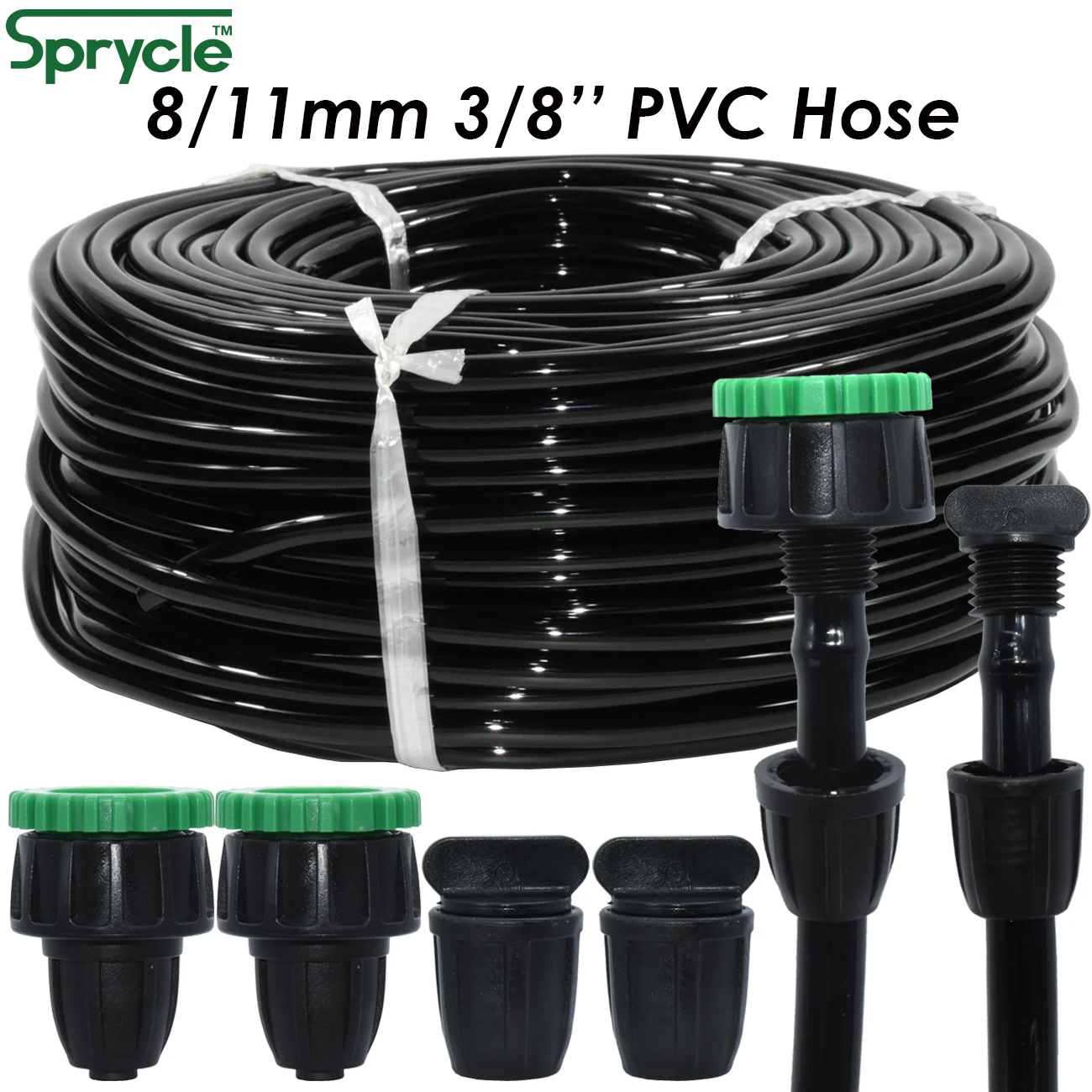 SPRYCLE 5-25M 8/11mm podlewanie ogrodu wąż PVC 3/8 ''rury rura kroplująca 1/2 i 3/4'' szybkie złącze wtyk końcowy dla donica na rośliny