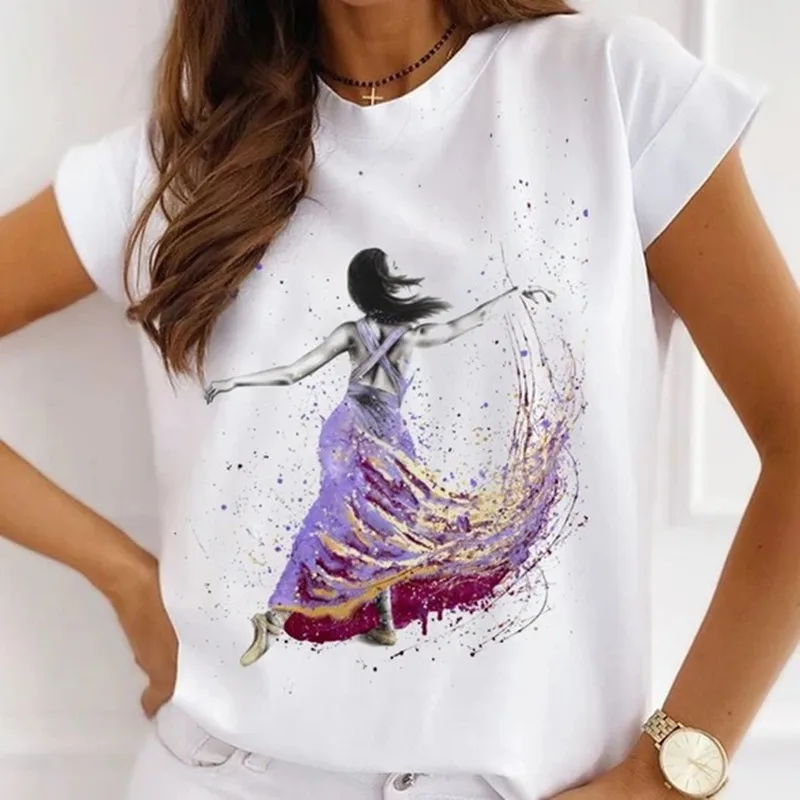 Women's Casual Loose Short-Sleeved White Base T-Shirts Ink Painting Ballerina Girl Graphic Tshirts Fashion Tops Summer Tees