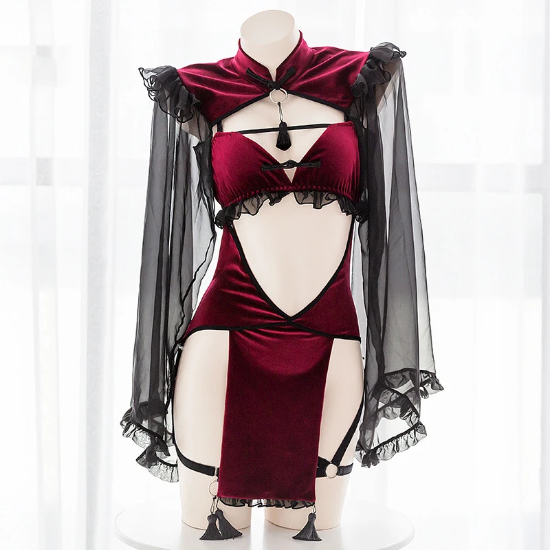 Dark Gothic Witch Sexy Hollow Silk Sleeve Cheongsam Sexy Lingerie Set Cosplay Witch Tight Game Wear Bandage Performance Costume