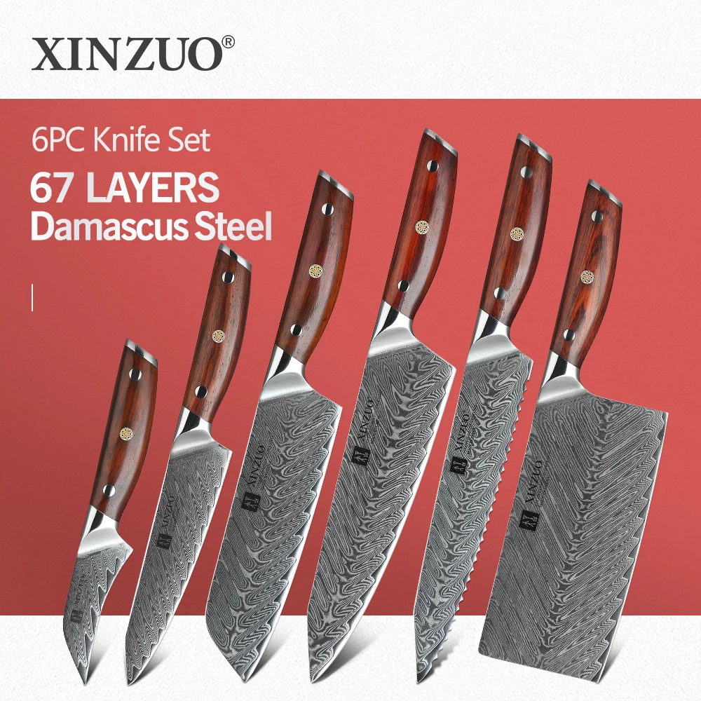 

XINZUO Brand 6PCS Kitchen Knives Set VG10 Damascus Steel High Quality Damascus Knife Cooking Tool Kitchen Knives Rosewood Handle