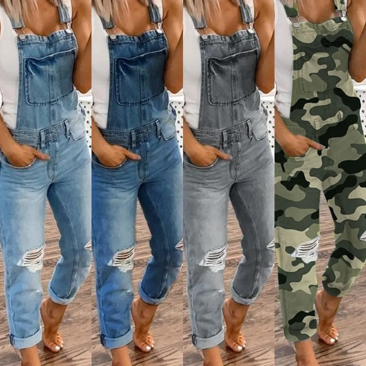 

Women Ripped Jeans Jumpsuit Casual Camouflage Print Sleeveless Straight Denim Overalls Women Solid Adjustable Strap Denim Romper