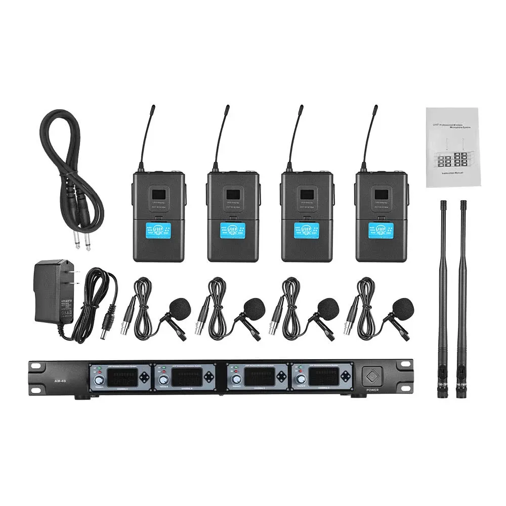 4 Channel UHF Wireless Handheld Headset Lavalier Clip on Microphone System Set of Church Family Party