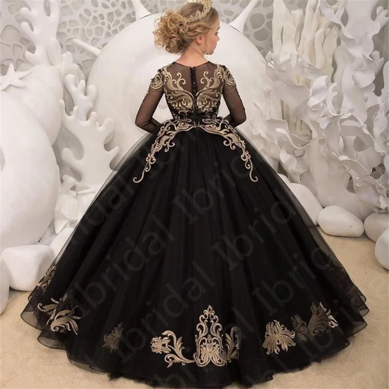 Vendita calda principessa fiore nero ragazze abiti pizzo gioiello collo bambini abiti da festa maniche lunghe abito da ballo bambini abbigliamento formale Appliqued