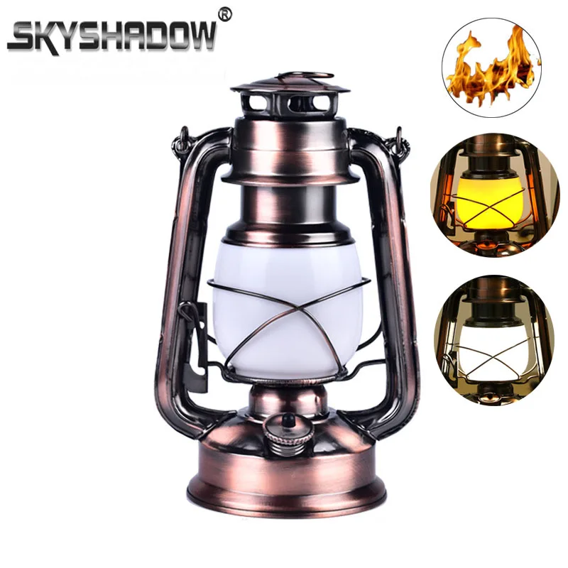 Vintage Camping Lantern LED Candle Flame Light Battery Power Outdoor Portable Kerosene Lamp For Tent Fishing Holiday Decoration