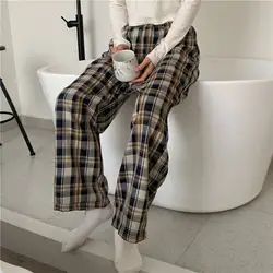 Sleep Bottom Home Pants Women Homewear Plaid Ankle Length Pajamas Wide-Leg Comfortable Elastic Vintage Oversized Pyjamas