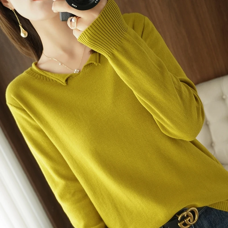 Cotton sweater women spring fall long-sleeved knit sweater pullover bottoming shirt Solid color all-match tops