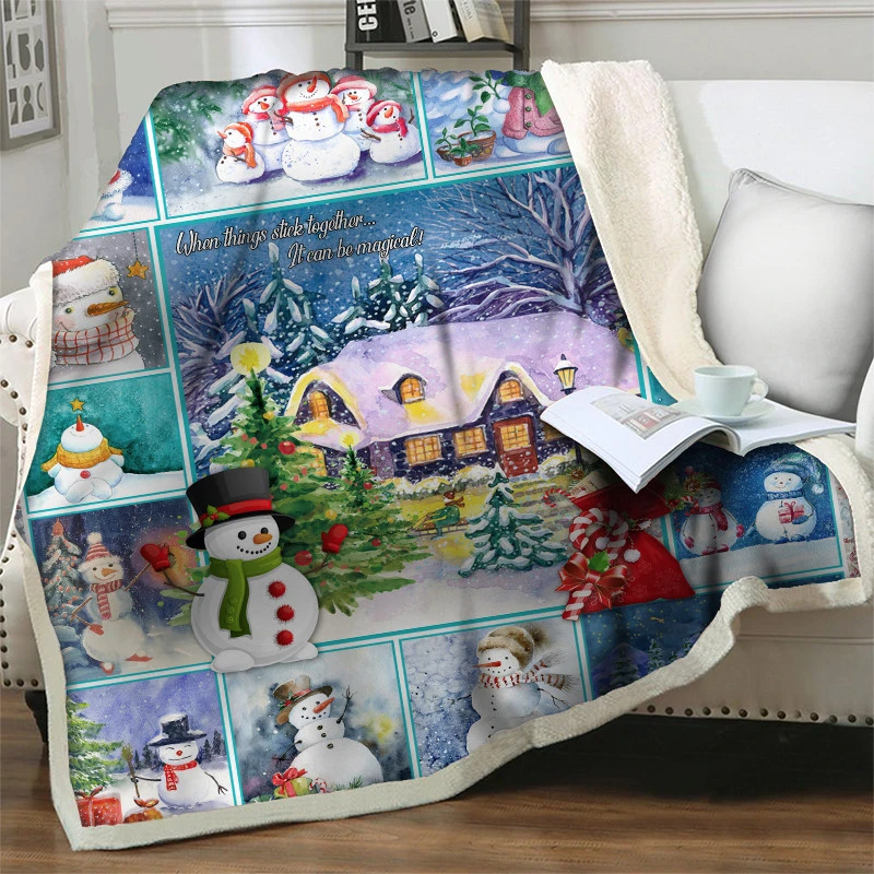 

Merry Christmas Flannel Throw Blankets Snowman 3D Printed Plush Quilts Keep Warm Bedding New Year Christmas Gifts Sherpa Blanket