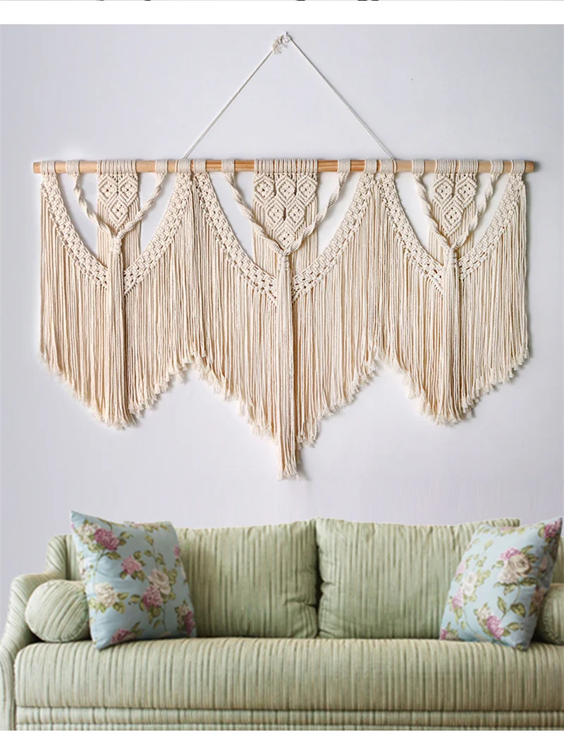 Large Macrame Wall Hanging Tapestry with Wooden Stick Hand-Woven Bohemia Tassel Curtain Tapestry Wedding Backgrou Boho Decor