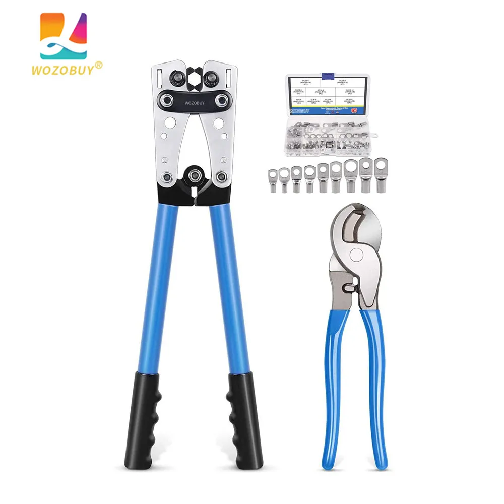 Wire Crimper Battery Cable Crimping Tool for 0, 2, 4, 6, 8, 10 AWG Cable Lug Crimper with Cable Cutter