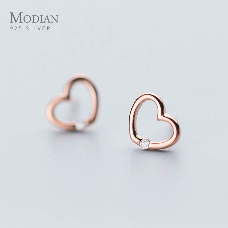 Modian 100% 925 Sterling Silver Rose Gold Color Hearts Clear CZ  Stud Earrings for Women Fashion Wedding Silver  Jewelry Bijoux