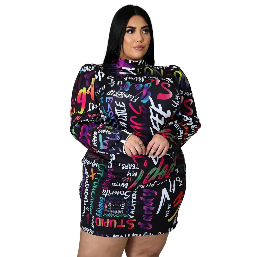 XL-5XL Wholesale Dropshipping Plus Size Dress Women Winter Clothing Fashion Black Trend Printing Slim Sexy Club Mini Dresses