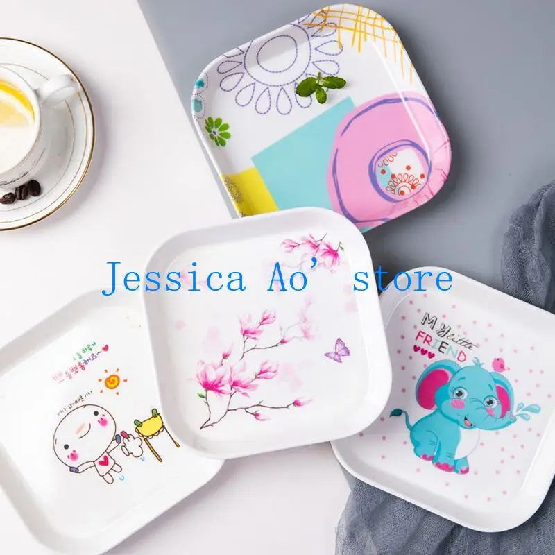 

5pcs Melamine Cute Plates Square Deep Snacks Trays Decorative Candy Bread Dessert Plates Pink Flower Plates Dessert Tray