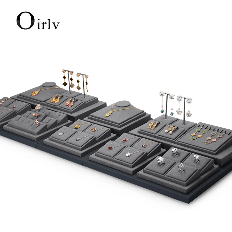 Oirlv Newly Gray PU Leather Jewelry Display Set with Microfiber Ring Display Stand Necklace Display for Shop Cabinet