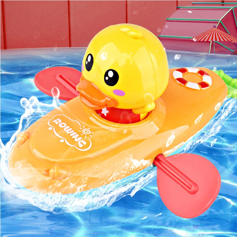 

New Summer Baby Bath Toy Rowing Boat Duck Swimming Floating Play Water Wound-up Chain Children Cartoon Classic Clockwork Toys