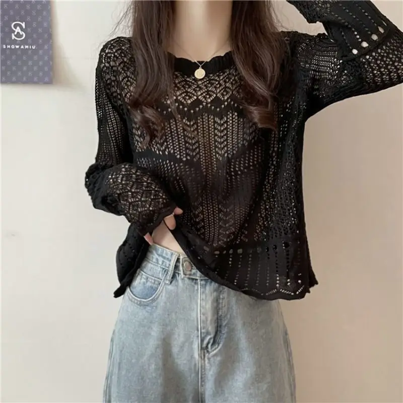 Sweaters Women Knitted Hollow Out Summer Thin Fashion Loose Long Sleeve New Casual See Through Sexy Pullovers All-match Simple