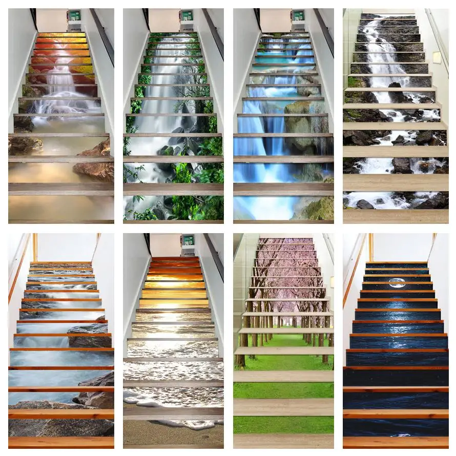 6PCS/13PCS Waterfall Scenery Stair Stickers Stairs Decor Stairway Decal Self-Adhesive Vinyl Staircase Upholstery 3D Wallpaper