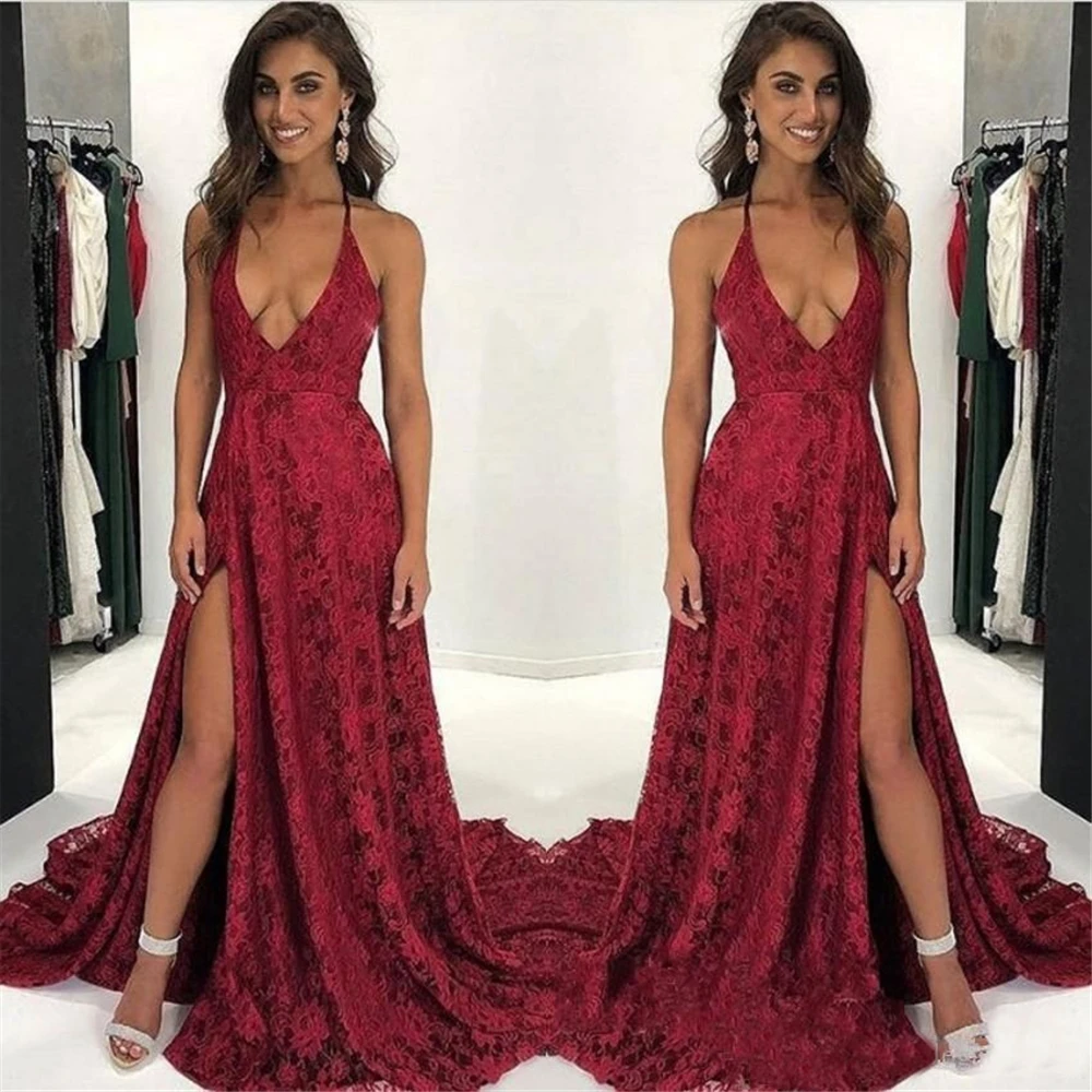 EINE Linie Kleider Spitze Abendkleid Ärmelloses Abendkleider V-ausschnitt Prom Party Kleid Neue Spaghetti Oberschenkel-Hohe Schlitze