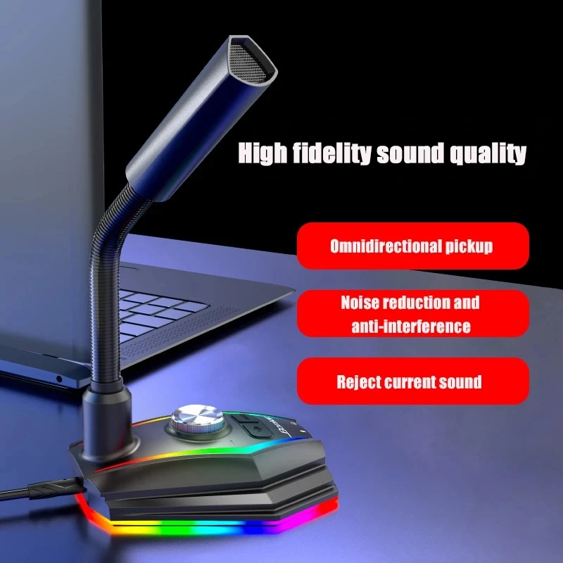 Usb som microfone rgb computador com alto-falante fone de ouvido jack unidade livre redução ruído 360 °   Gire o receptor HD