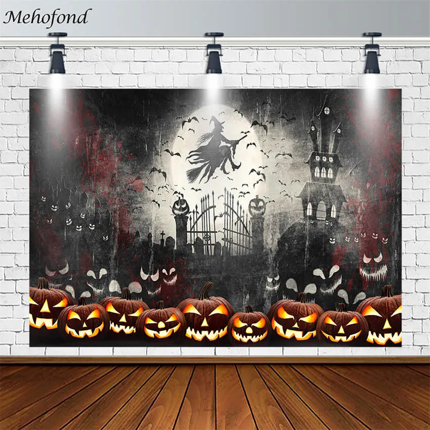 

Mehofond Halloween Photo Background Scary Castle Bat Cemetery Pumpkin Lantern Moon Photography Backdrop For Photoshoot Photozone