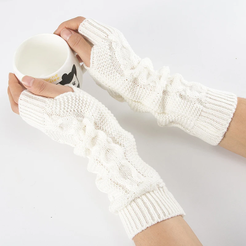 Women Semi-Long Autumn Winter Knitted Gloves Half Fingered Gloves Hand Warmer Girls Soft Mitten Arm Sleeves Glove