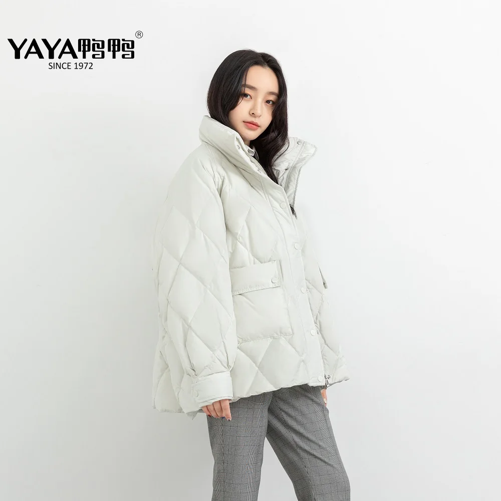 YAYA 2021 Winter Women\'s New Short 90% Puffer Duck Down JacketThick Stand Collar Casual Zipper Button Outerwear Over Padded Coat