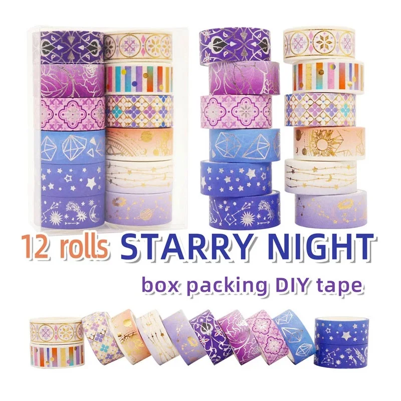 12pcs Starry Night Washi Tapes Set 15mm Constellation Star Moon Gold Silver Foil Adhesive Masking Tape Decoration Stickers F609