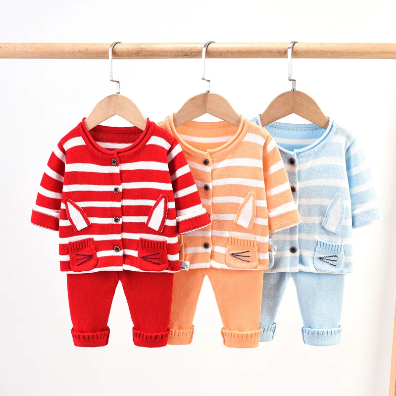 

Infant Boys Girls Clothing Sets 2pcs Striped Cardigan Knitted Sweaters+Pants 0-24 Months Baby Sweater Suits New Autumn Winter