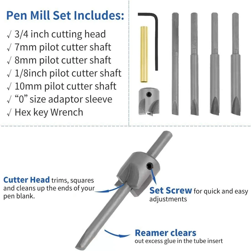 GTBL Pen Barrel Trimming System with 3/4 Inch Cutting Head,7mm, 8mm, 3/8 Inch, 10mm Pilot Shafts, Pen Barrel Mill Trimmer Set