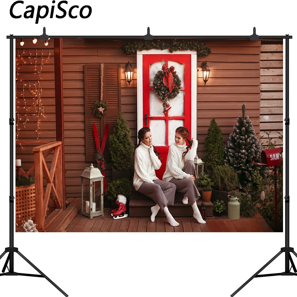 Capisco Photography Background Christmas Tree Red Wood Door Wreath Backdrop for Photo Studio Baby Portrait Photocall Props