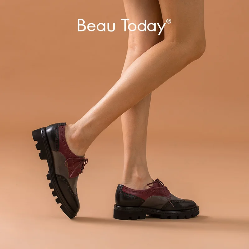 

BeauToday Brogue Shoes Women Genuine Cow Leather Wingtip Round Toe Mixed Colors Retro Lady Derby Shoes Handmade 21815