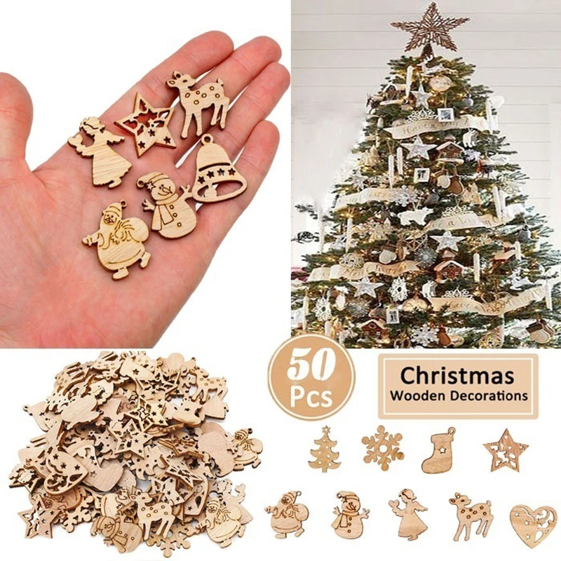 50pcs/Set Mini Christmas Tree Decor Ornaments Wooden Santa Claus Snowman Deer Pendants Christmas Decorations Small Figurines