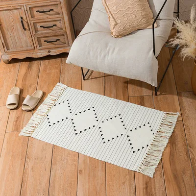 Nordic katoenen linnen bloem gesneden tapijt, grote print kwastje mat, slaapkamer nachtkastje bedmat, woonkamer, wit en zwart
