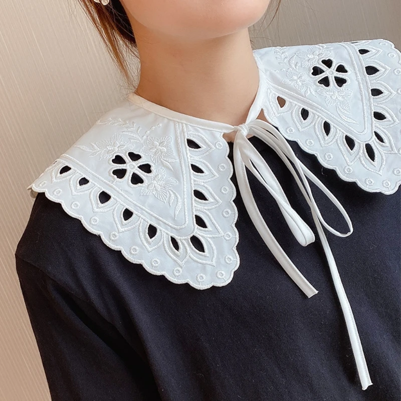 Korean Women White Cotton Fake Collar Shawl Wrap Hollow Out Floral Fish Scales Necklace Scarf Embroidery Short Poncho Dropship