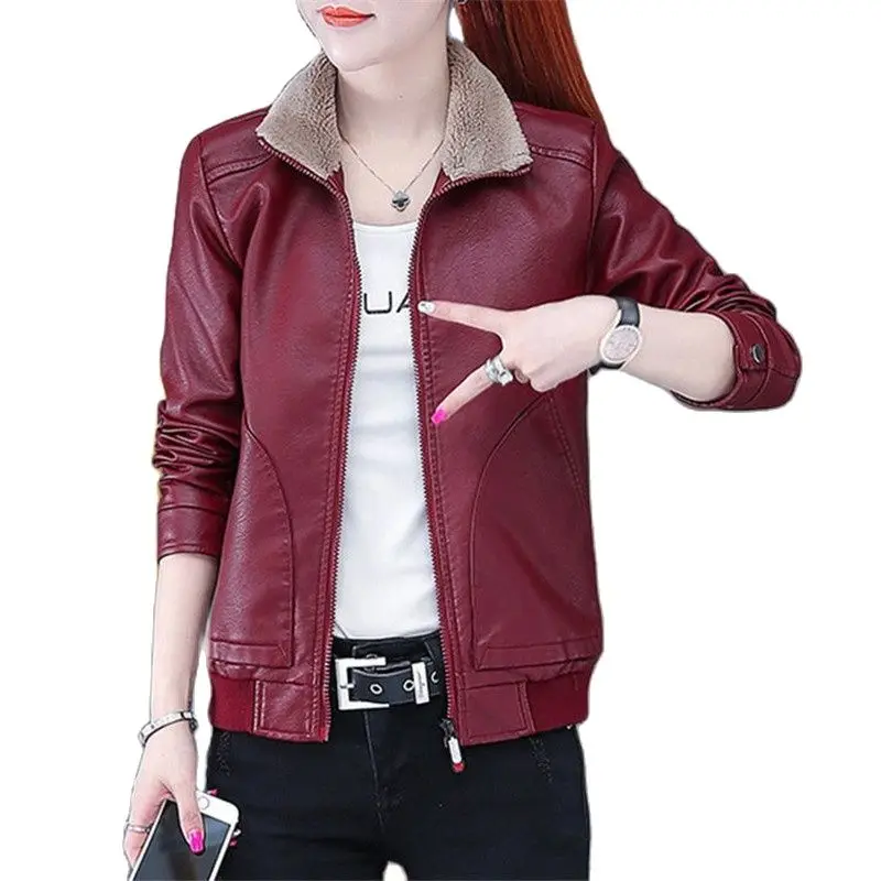 Women PU Leather Jacket Autumn Winter New lambswool Lined Warm Leather Overcoat  Female High-end Leather Coat 4X