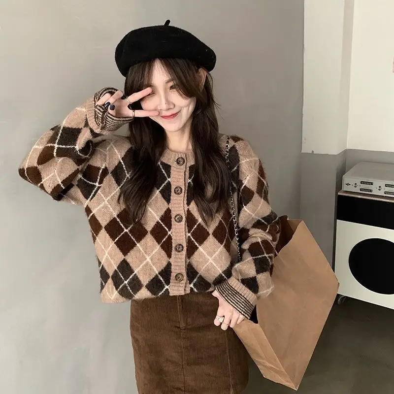 Women Kawaii Argyle Cardigans Spring Autumn American Style Harajuku Streetwear All Match Y2k Leisure Knitwear Sweaters Chic Ins