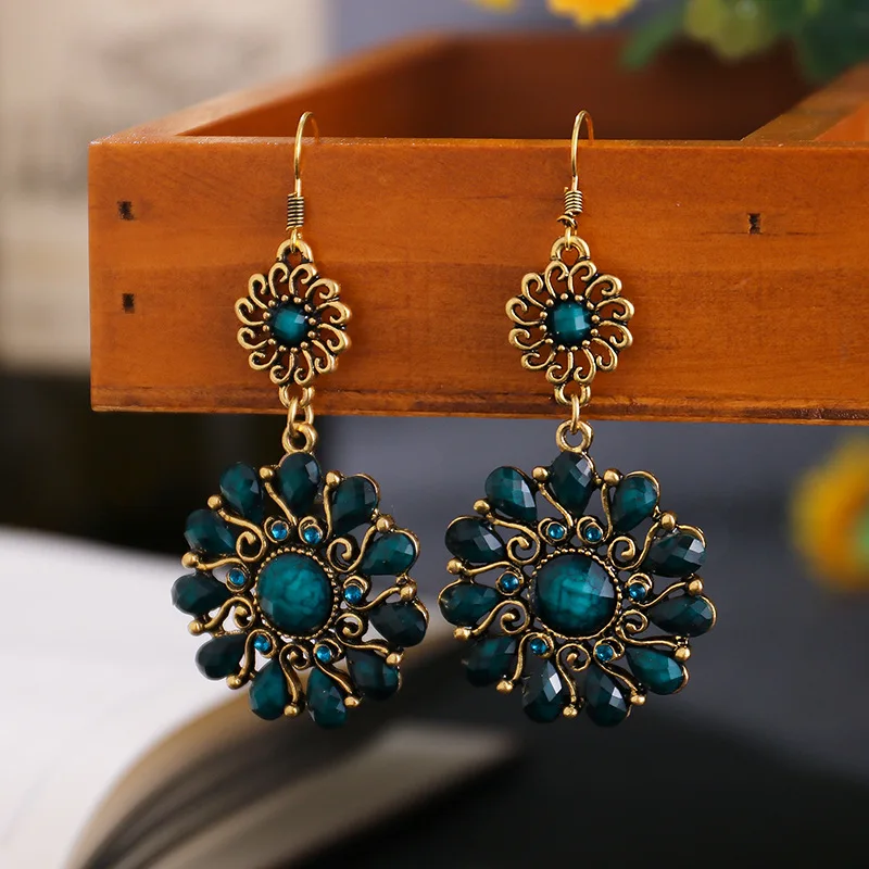 Vintage Women\'s Round Sun Flower India Earrings Female European and American Ethnic Boho Earrings Rhinestone Waterdrop Jewelry