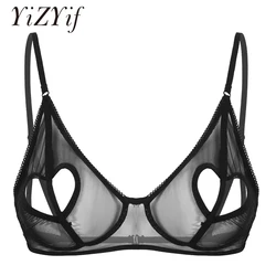 Womens Sexy Open Nipple Bra Naughty Heart Shape Hole Wire-free Unlined Bra Top See Through Sheer Mesh Lingerie Nightwear Bras