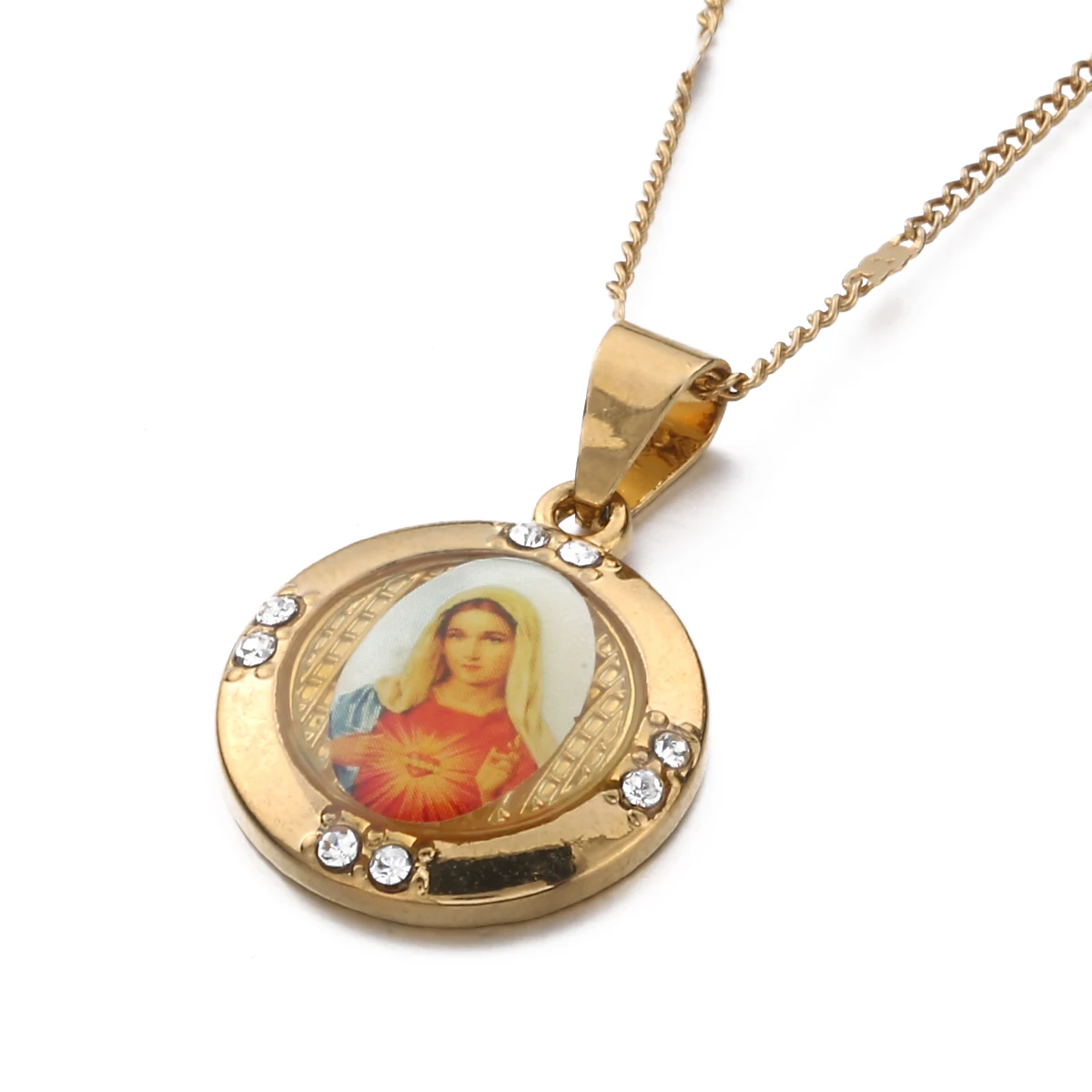 Gold Color Virgin Mary Pendant Necklace Catholic Christian Enamel Blessed Mother Cameo Round Chain Jewelry