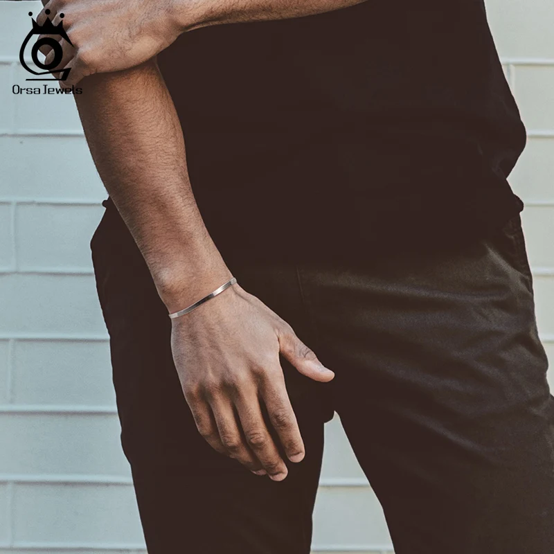 ORSA JEWELS Итальянский однотонный браслет из стерлингового серебра 925 пробы для мужчин, гибкий плоский женский браслет-цепочка в елочку, ювелирные изделия SB107