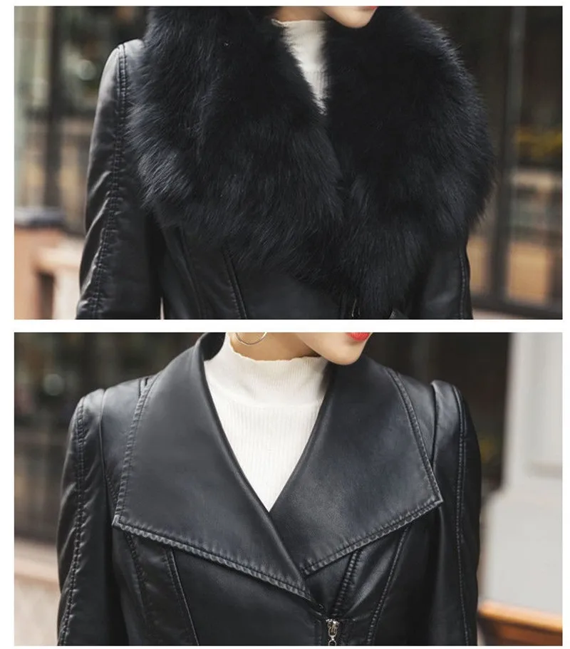 Big Fur Collar PU leather Jacket Autumn Winter Velvet Thicken Soft Faux PU leather Coat Women Korean Long Overcoat 4XL 2356