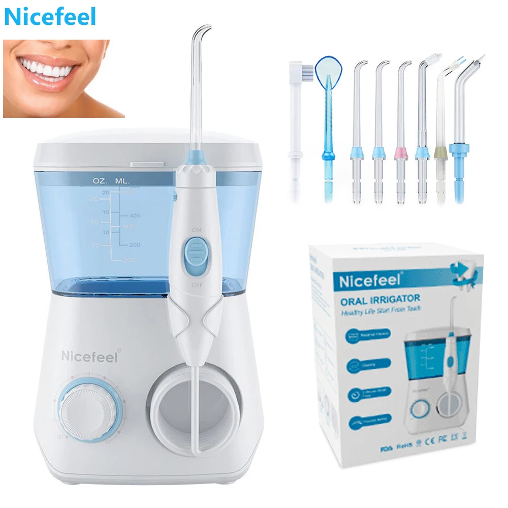 Nicefeel Oral Irrigator Water Flosser Dental Jet Teeth Cleaner With 600ml Water Tank 7 Tips and 1 Toothbrush For Tooth Care