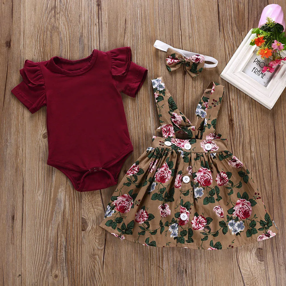 3PCS Infant Baby Girls Clothing Set 2024 Summer Flying Sleeves Romper+Suspender Skirt+Headband Newborn Baby Clothes Outfits